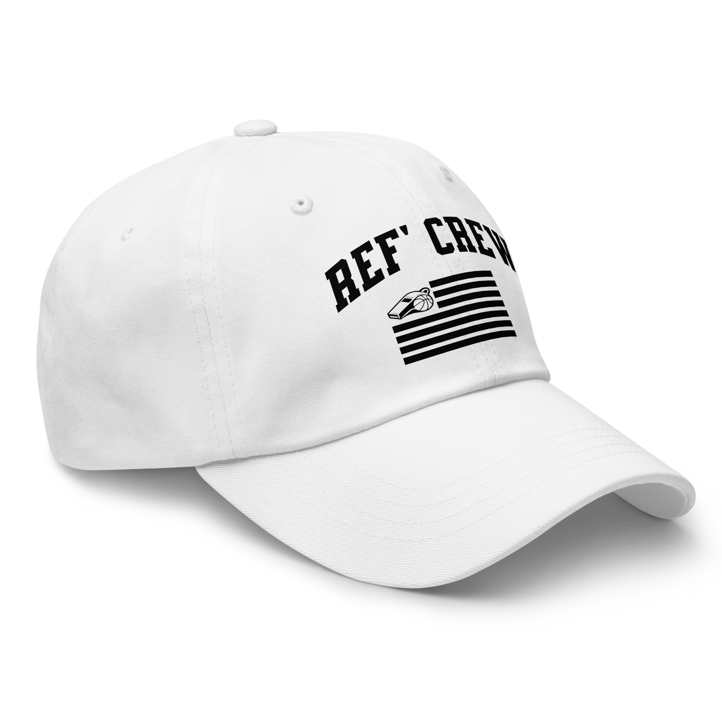 White unstructured dad cap with "REF' CREW" and a whistle/basketball American flag design.