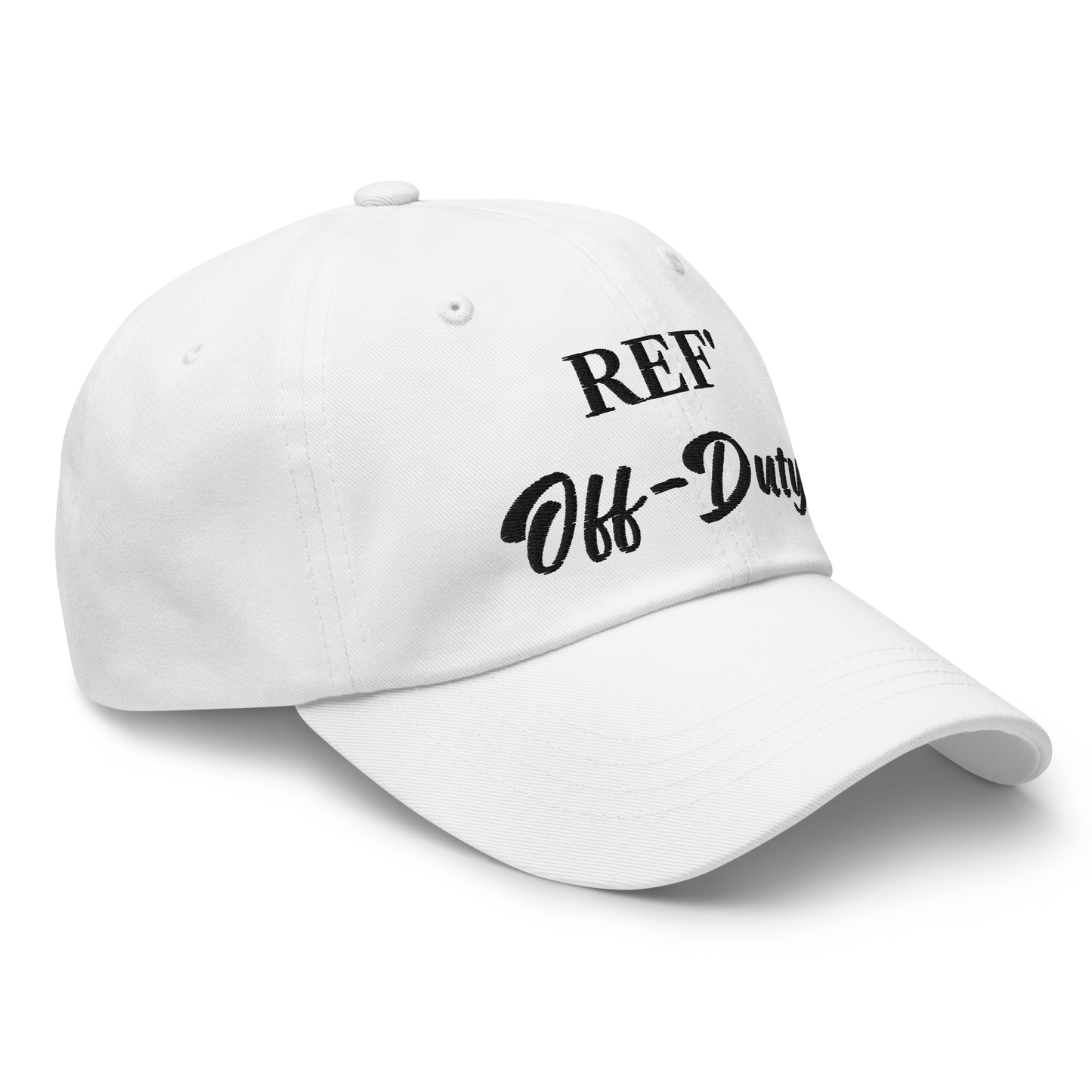 White Ref' Off-Duty dad hat with premium black embroidery, perfect for basketball referees.