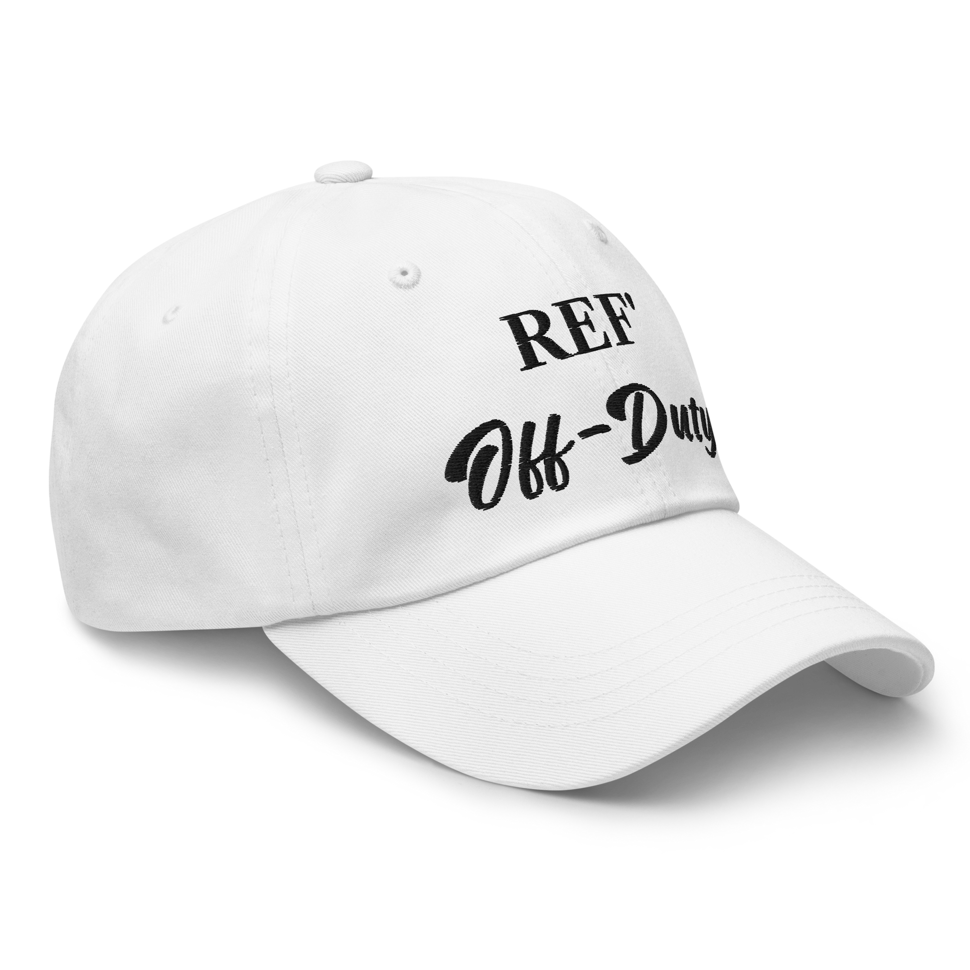 White Ref' Off-Duty dad hat with premium black embroidery, perfect for basketball referees.