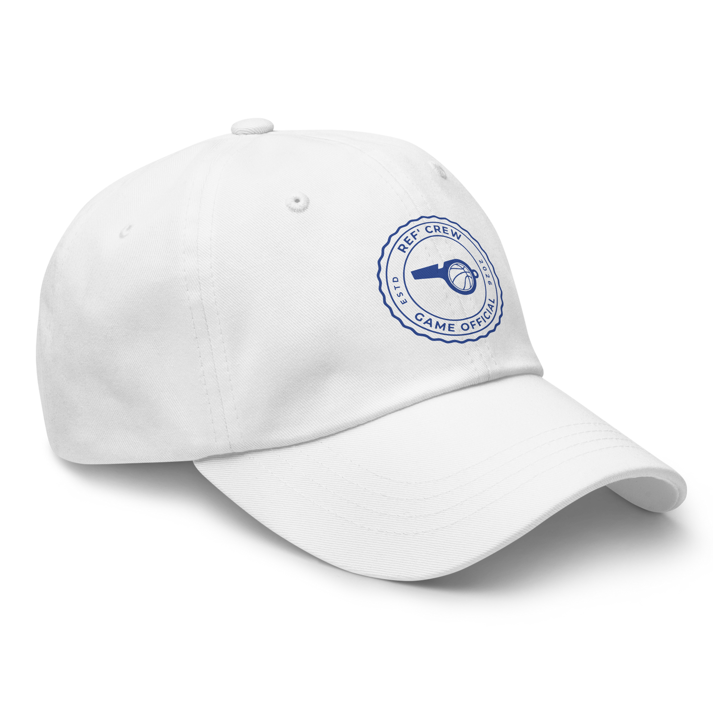 White chino cotton twill dad cap with a royal blue "Ref' Crew Game Official" stamp logo.