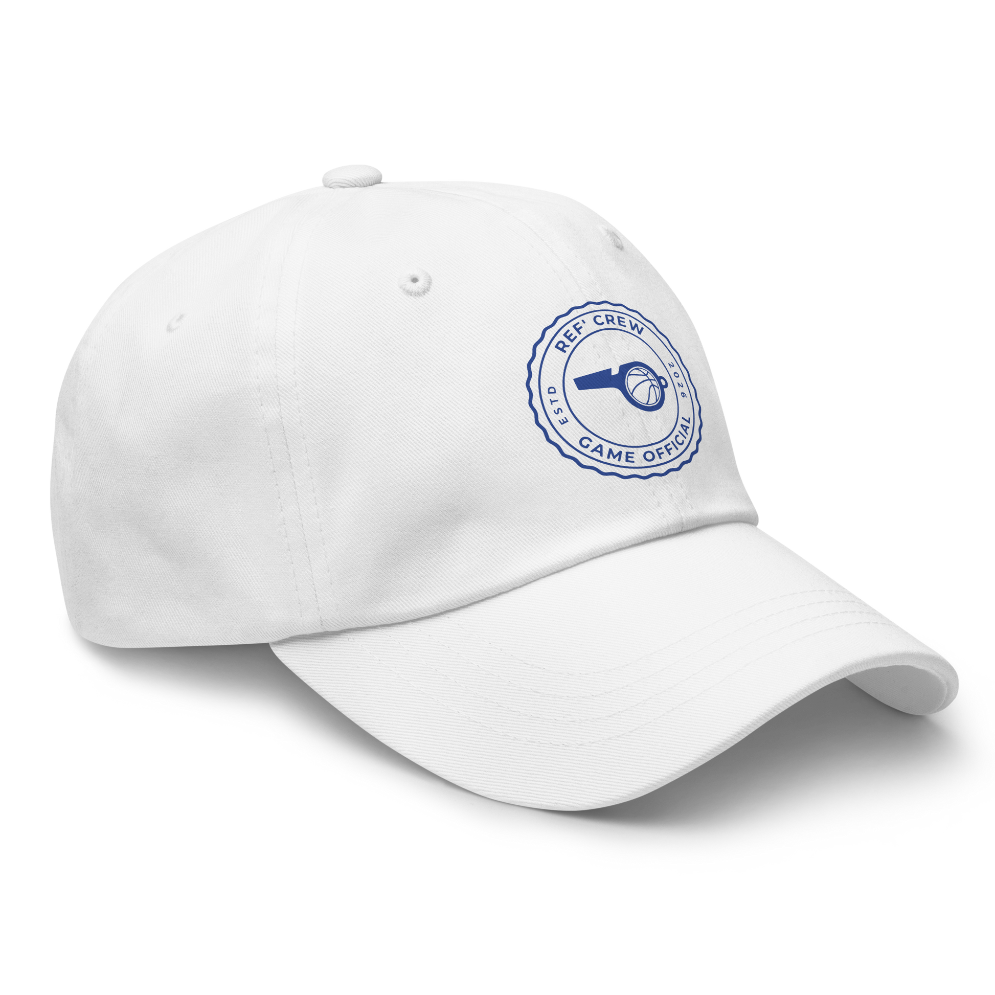 White chino cotton twill dad cap with a royal blue "Ref' Crew Game Official" stamp logo.