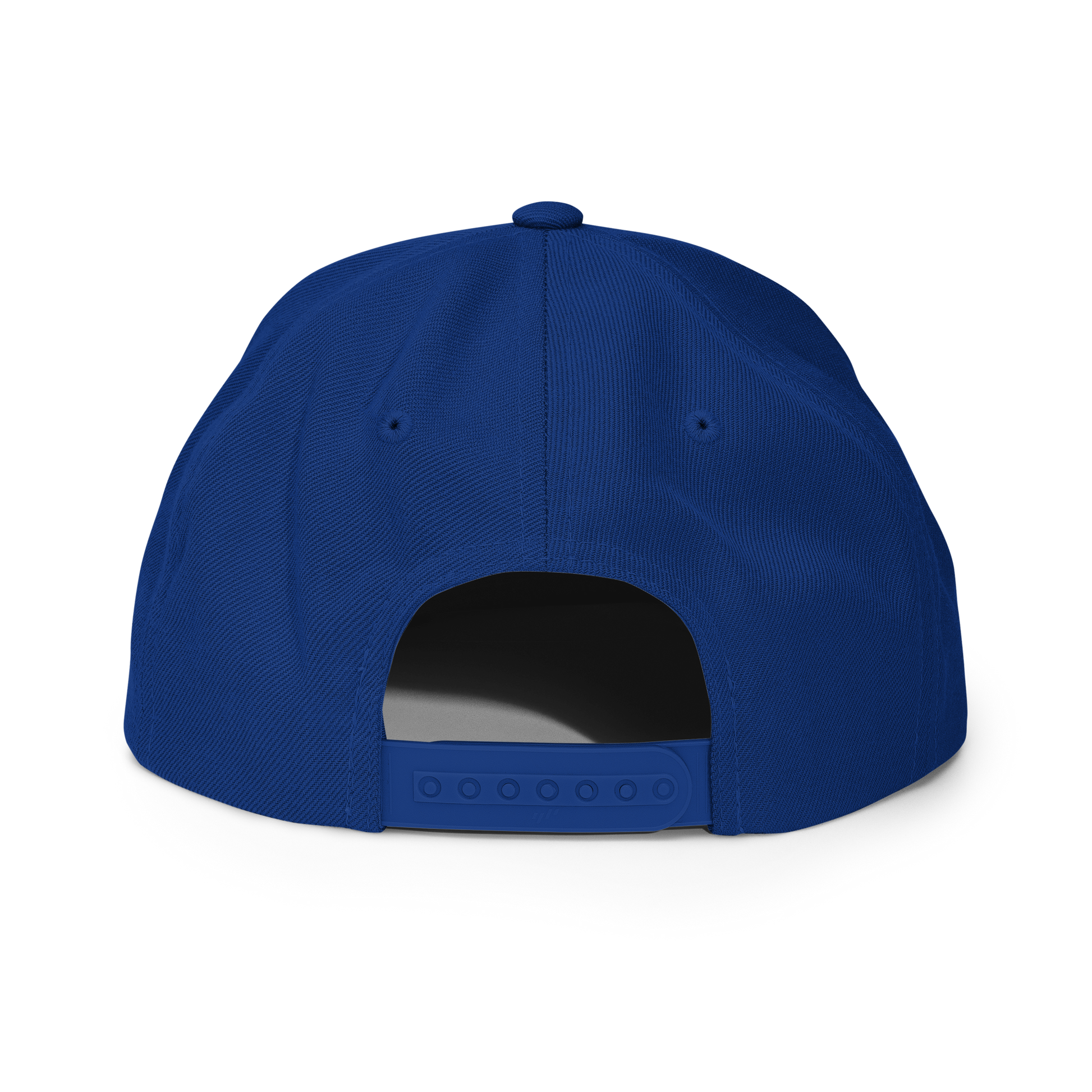 Royal blue Yupoong 6089M structured snapback cap, back view, with adjustable snap closure.