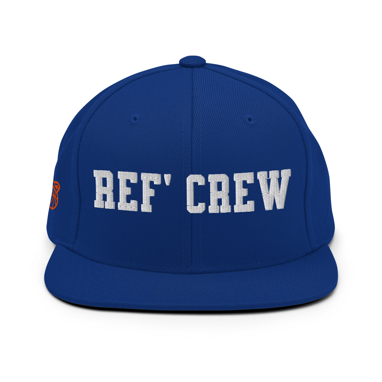 Royal blue Yupoong snapback with "REF' CREW" in white 3D puff print, orange whistle/basketball icon.