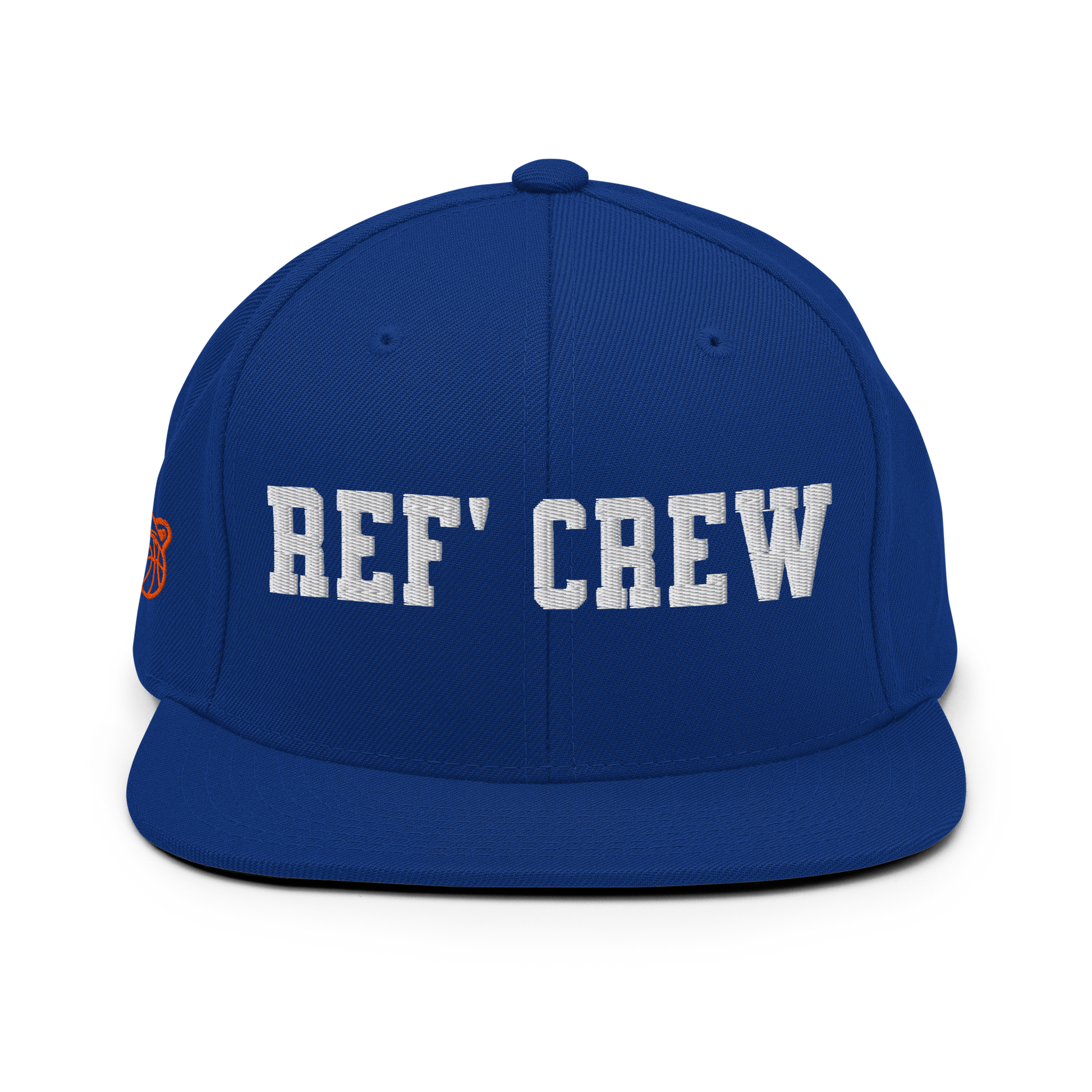 Royal blue Yupoong snapback with "REF' CREW" in white 3D puff print, orange whistle/basketball icon.