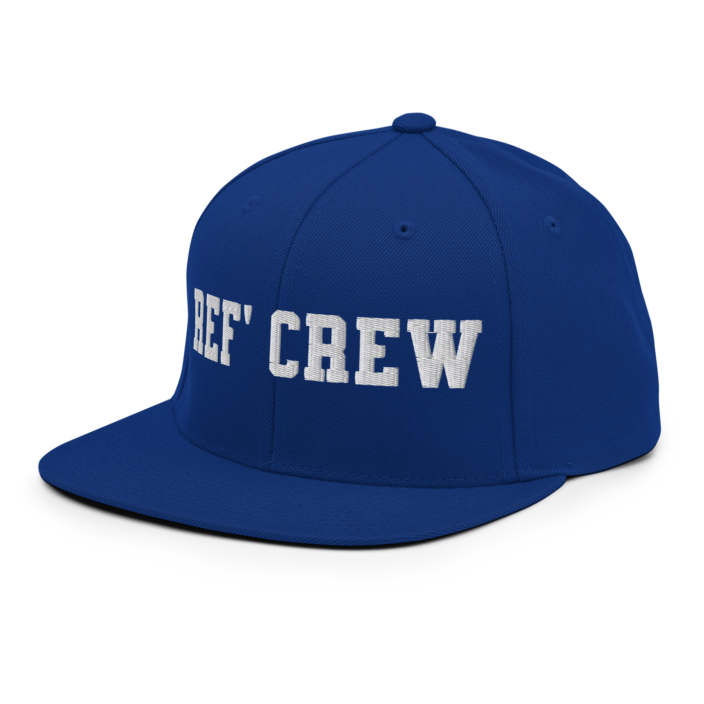 Royal blue structured snapback with "REF' CREW" in white 3D puff print, flat brim, adjustable closure.