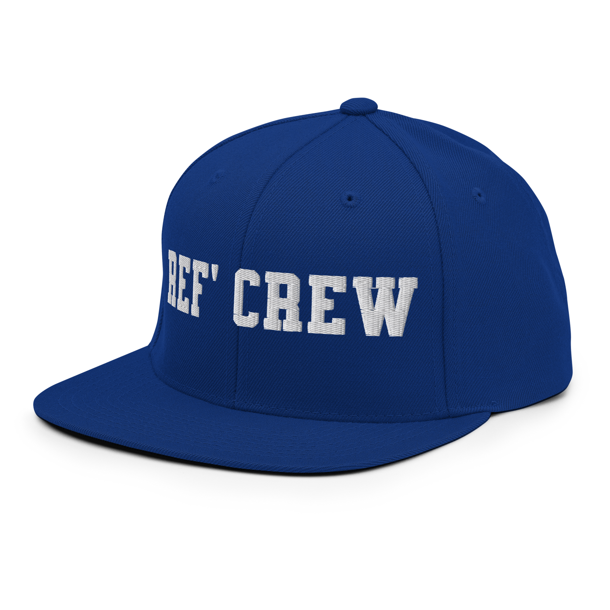 Royal blue structured snapback with "REF' CREW" in white 3D puff print, flat brim, adjustable closure.