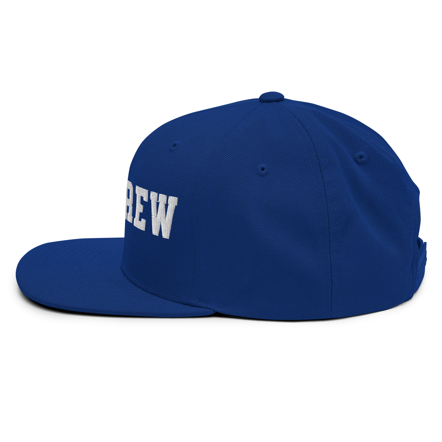 Royal blue Yupoong structured snapback with white 3D puff "REF' CREW" varsity lettering, flat brim, and adjustable closure.