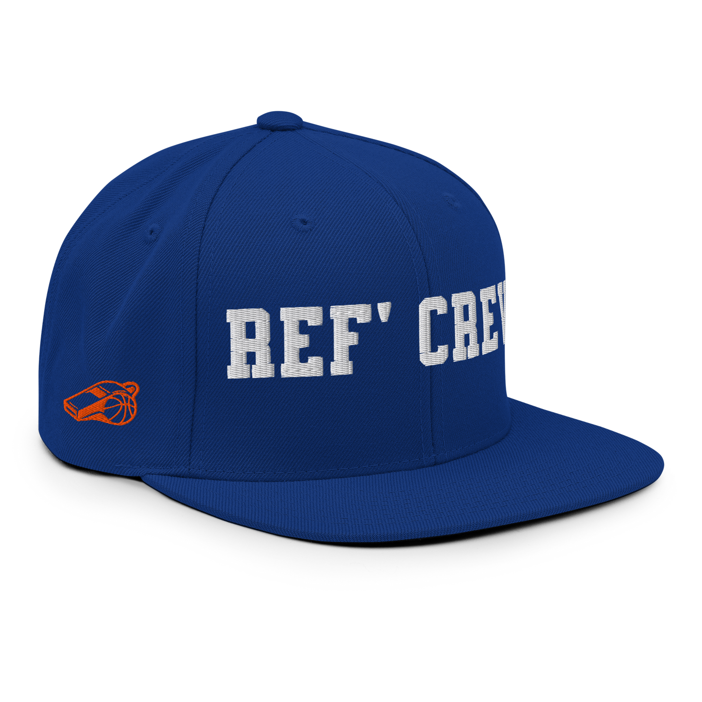 Royal blue Yupoong snapback with "REF' CREW" 3D puff print and orange whistle/basketball icon.