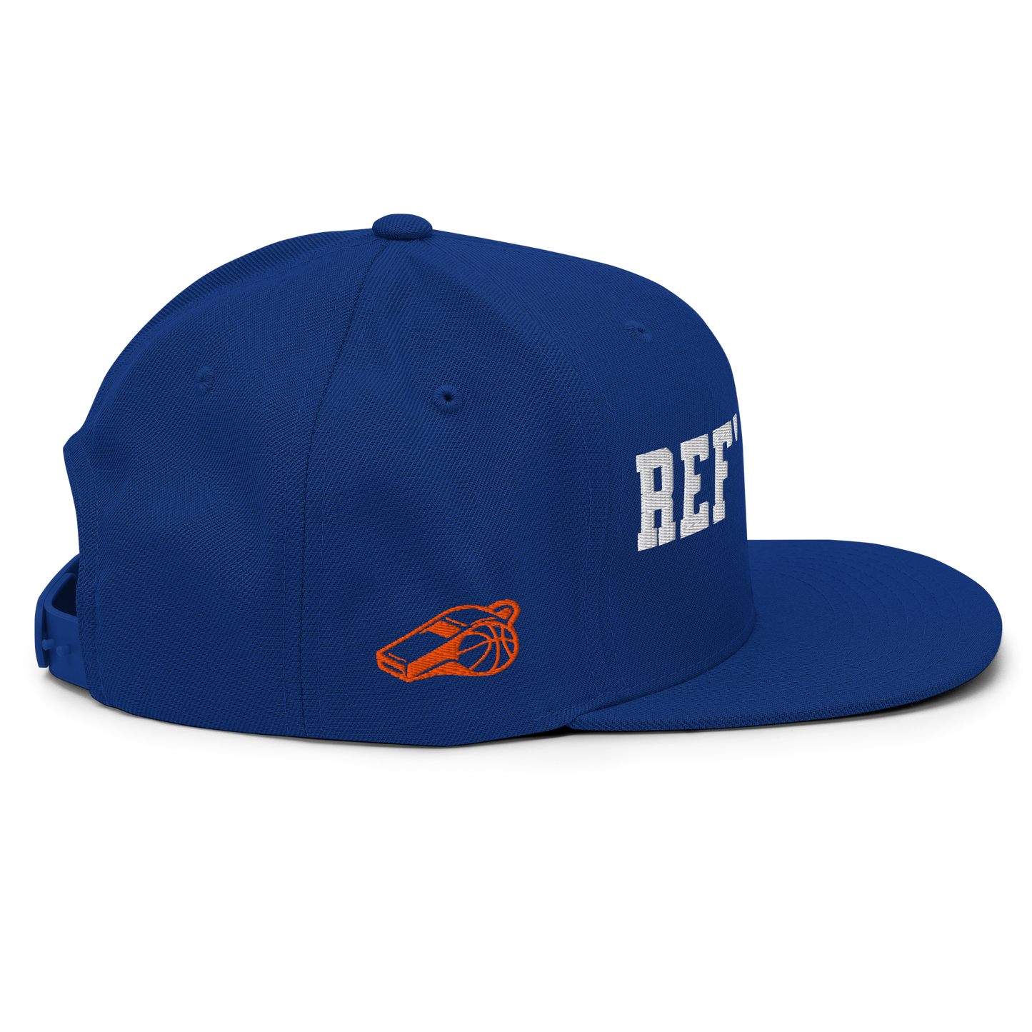 Royal blue Yupoong snapback with white "REF' CREW" 3D puff print and orange whistle/basketball icon.