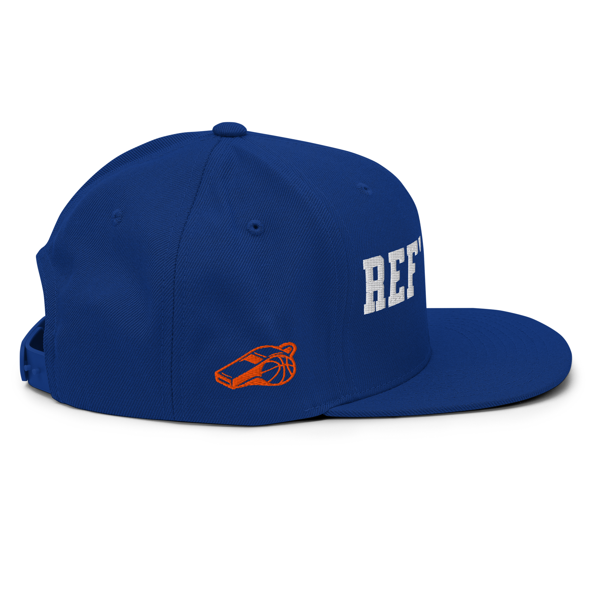 Royal blue Yupoong snapback with white "REF' CREW" 3D puff print and orange whistle/basketball icon.