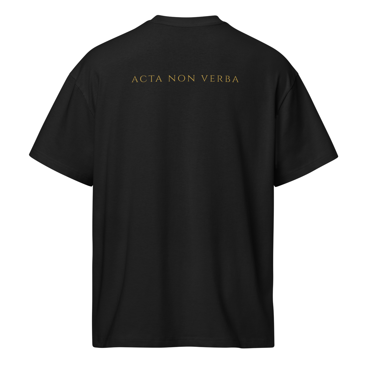 Black premium heavyweight cotton tee with "ACTA NON VERBA" in antique gold on the back, ideal for basketball referees.