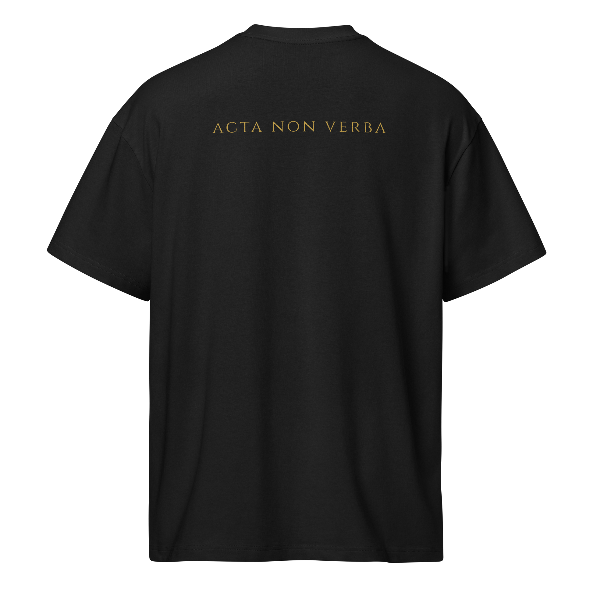 Black premium heavyweight cotton tee with "ACTA NON VERBA" in antique gold on the back, ideal for basketball referees.