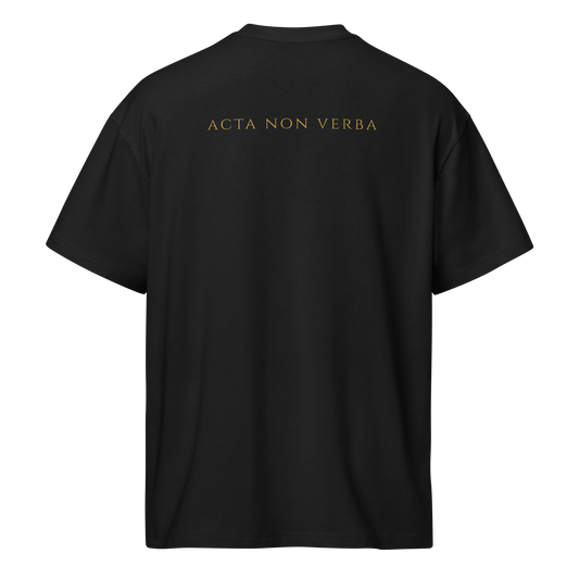 Black oversized referee t-shirt for basketball official Ref' Crew with "ACTA NON VERBA" in antique gold on the back.