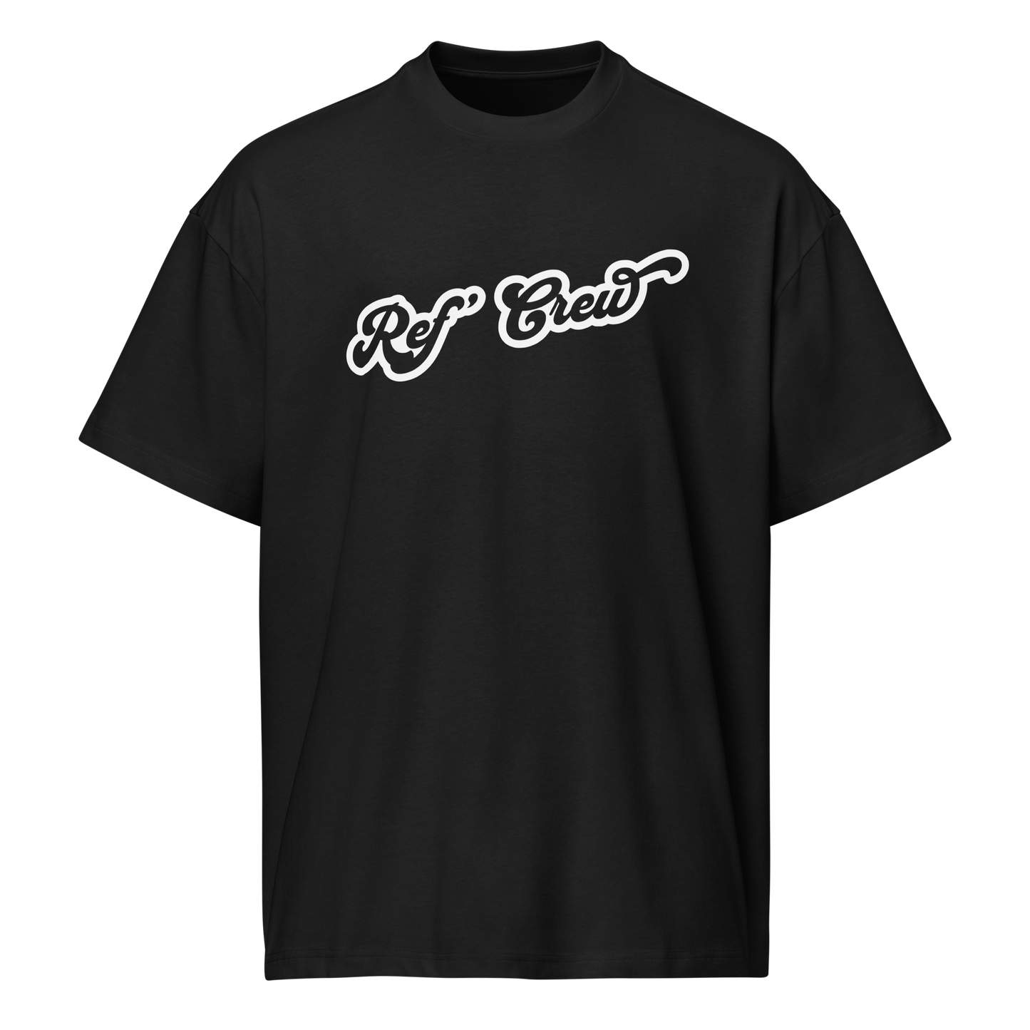 Black premium heavyweight Ref' Crew boxy tee with white script, perfect for basketball referees.