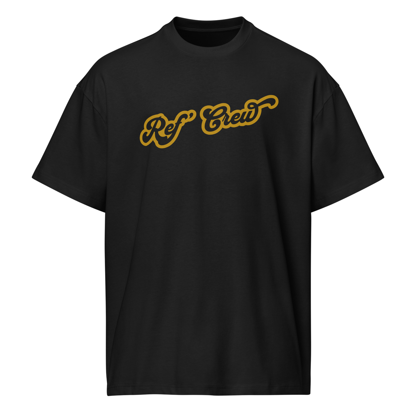 Black premium heavyweight cotton "Ref' Crew" boxy tee with gold script, ideal for basketball officials.