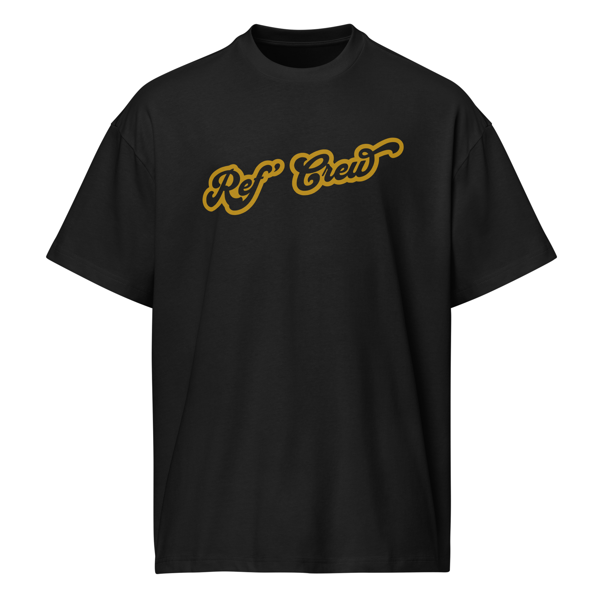 Black premium heavyweight cotton "Ref' Crew" boxy tee with gold script, ideal for basketball officials.