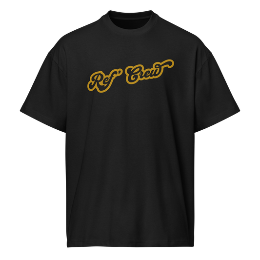 Black premium heavyweight cotton "Ref' Crew" boxy tee with gold script, ideal for basketball officials.