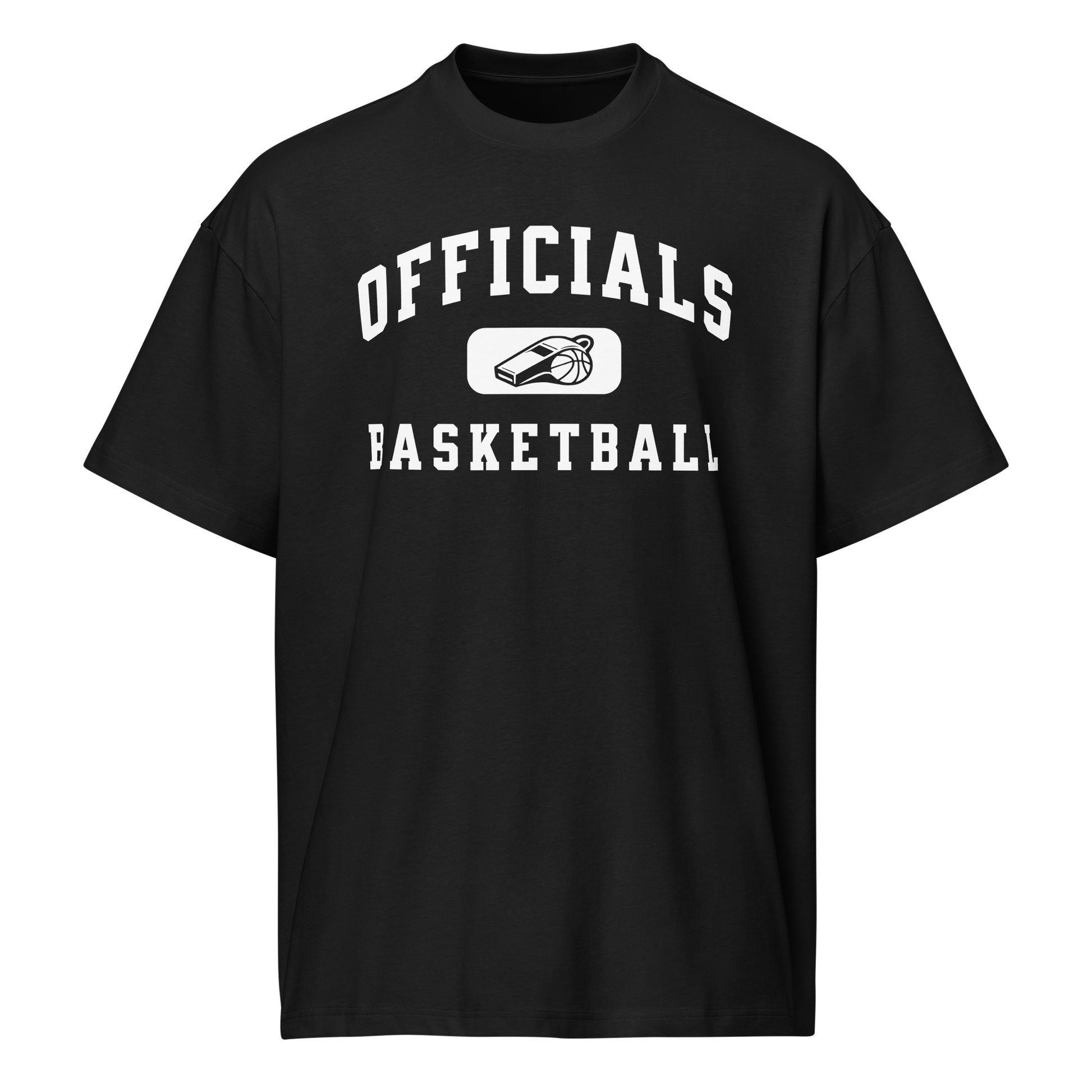 Black heavyweight cotton "OFFICIALS BASKETBALL" tee with whistle graphic, ideal for referees.