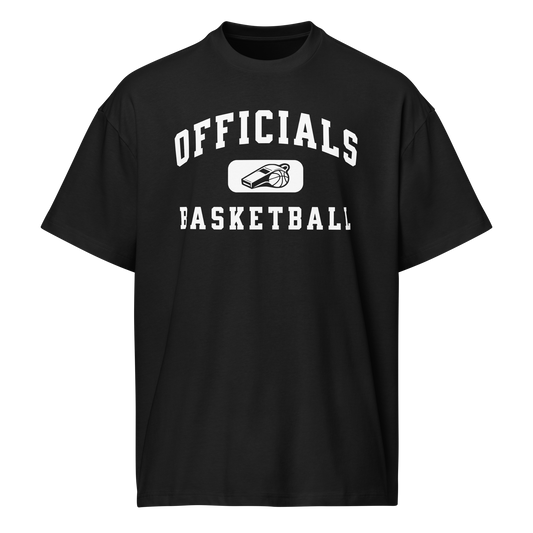 Black heavyweight cotton "OFFICIALS BASKETBALL" tee with whistle graphic, ideal for referees.