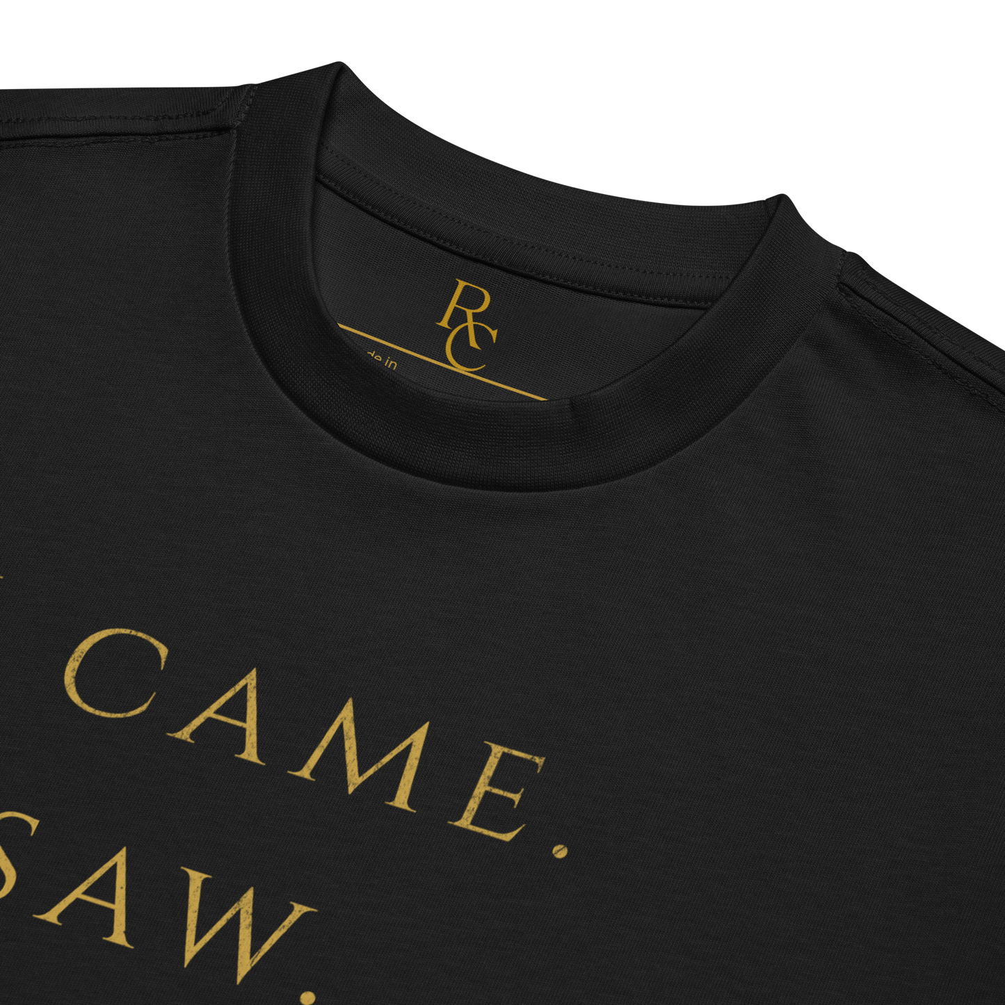 Black premium heavyweight cotton tee with "I CAME. I SAW." in antique gold Roman typography, ideal for basketball referees.