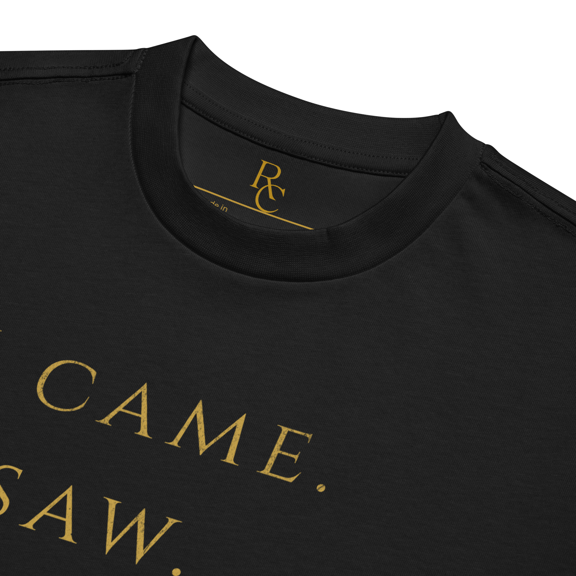 Black premium heavyweight cotton tee with "I CAME. I SAW." in antique gold Roman typography, ideal for basketball referees.