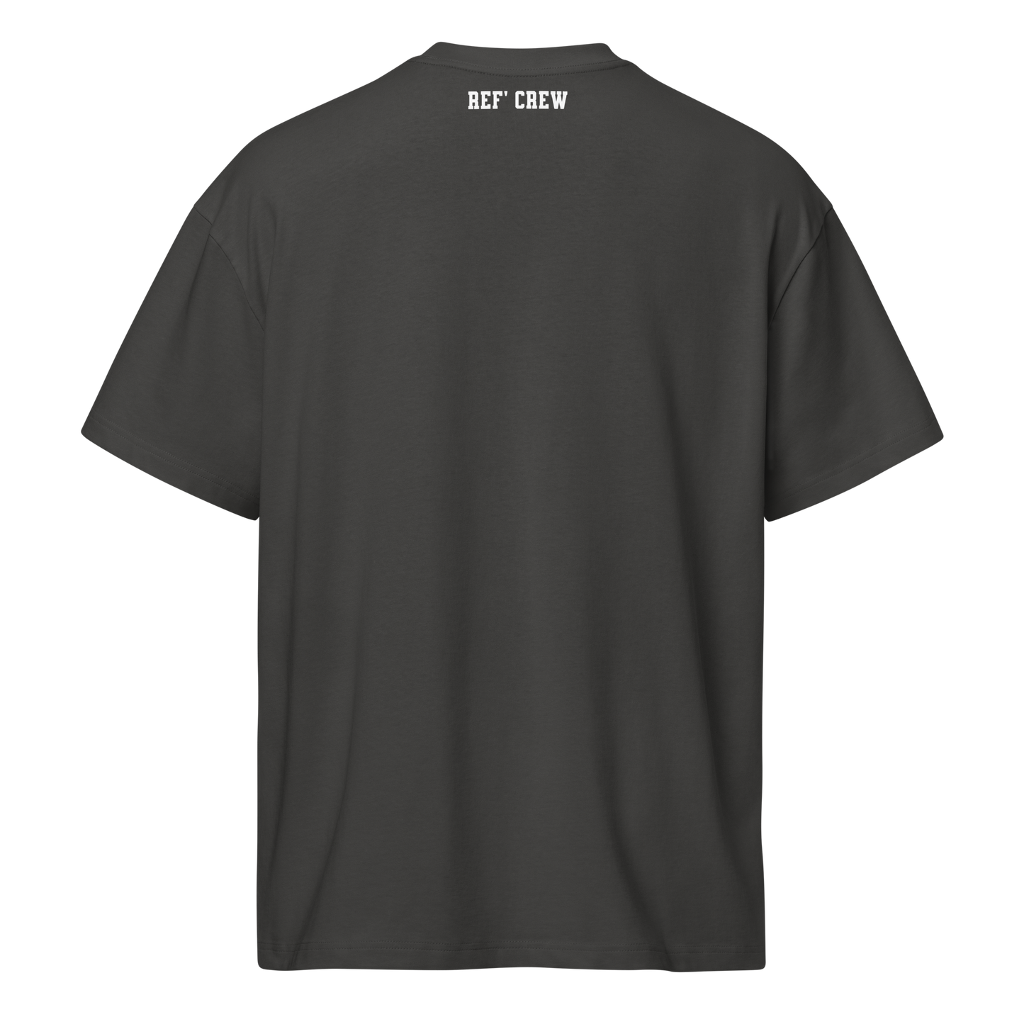 Black "REF' CREW" heavyweight cotton tee, boxy fit, for basketball officials and streetwear.