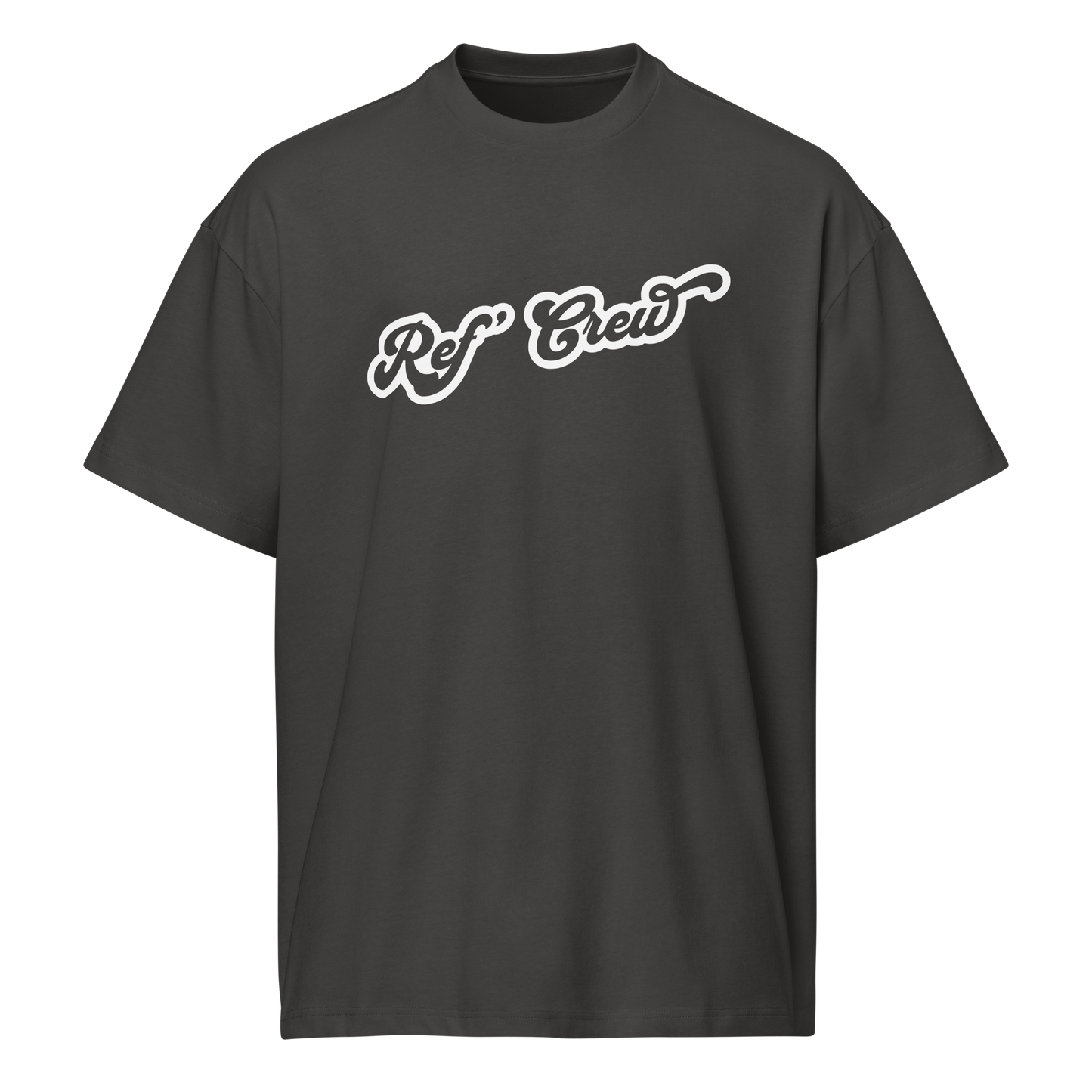 Premium heavyweight charcoal "Ref' Crew" boxy tee with white script, ideal for basketball officials.