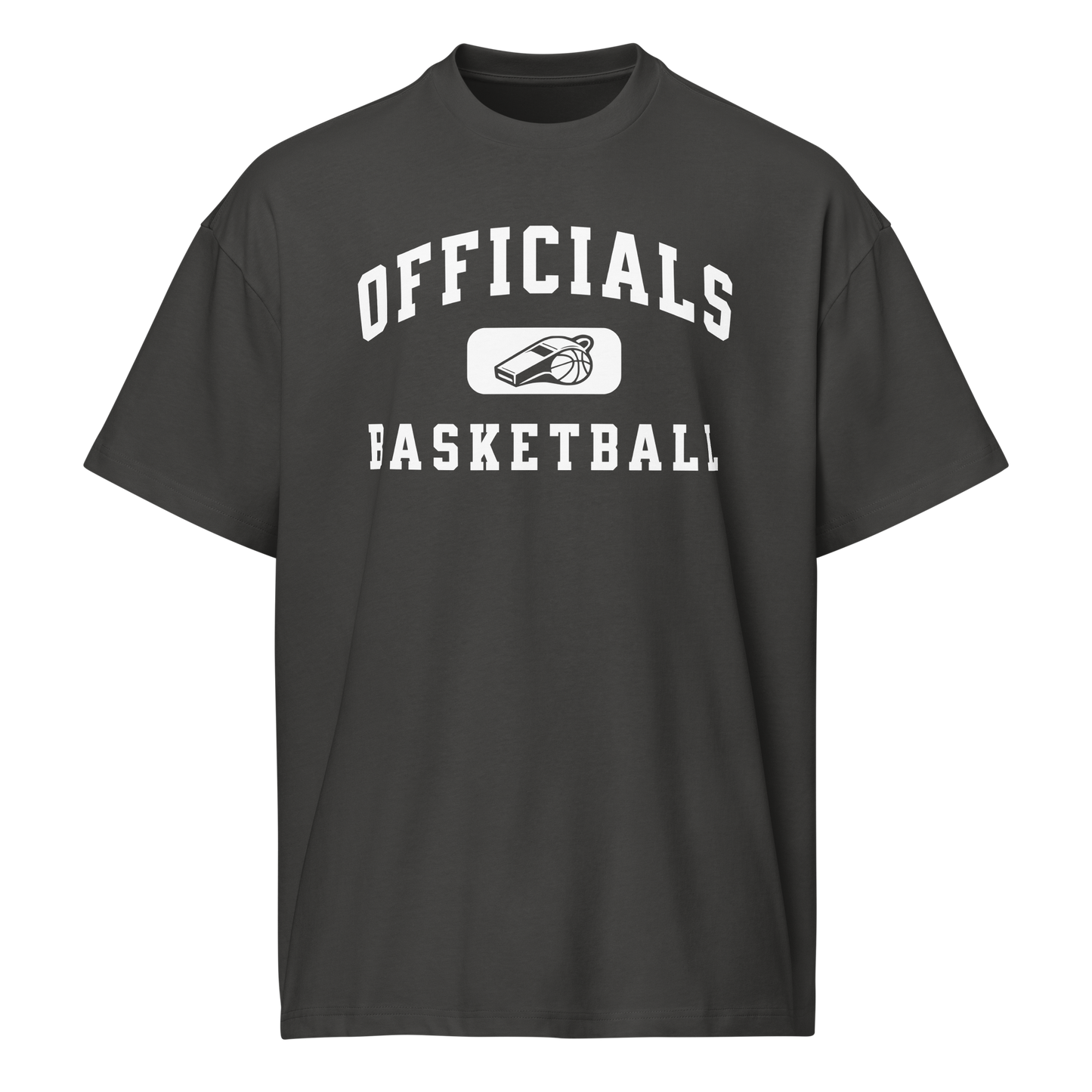 Black heavyweight cotton "OFFICIALS BASKETBALL" tee with whistle graphic, ideal for referees.