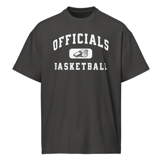 Black Ref' Crew "Officials Basketball" referee t-shirt for basketball official, with whistle badge.