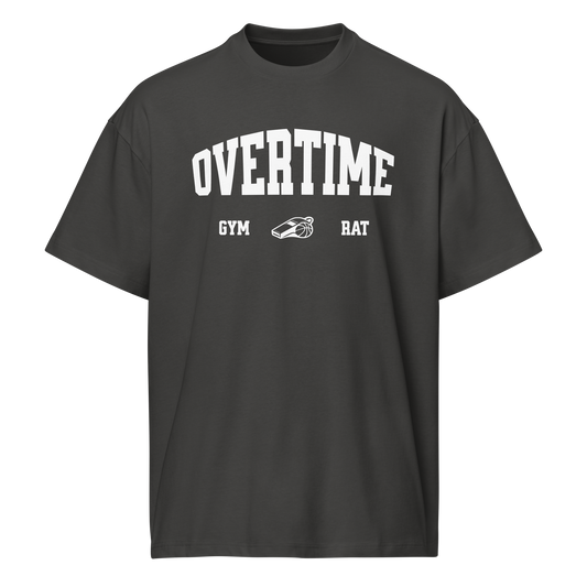 Vintage Black Ref' Crew Overtime boxy referee tee for basketball officials, bold varsity arch with GYM · whistle · RAT lettering — front view
