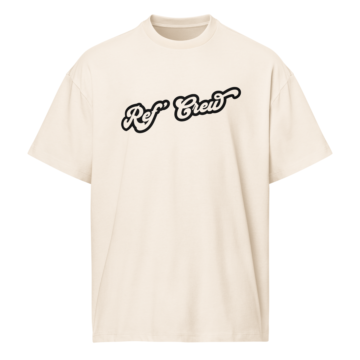 Bone-colored premium heavyweight cotton Ref' Crew boxy tee, featuring black script logo for basketball officials.
