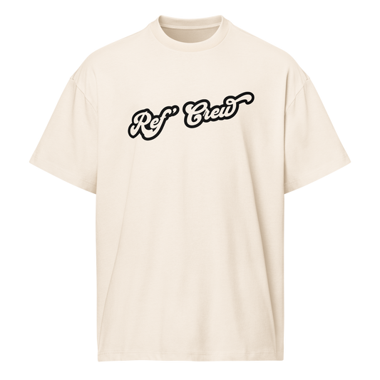 Bone-colored premium heavyweight cotton Ref' Crew boxy tee, featuring black script logo for basketball officials.
