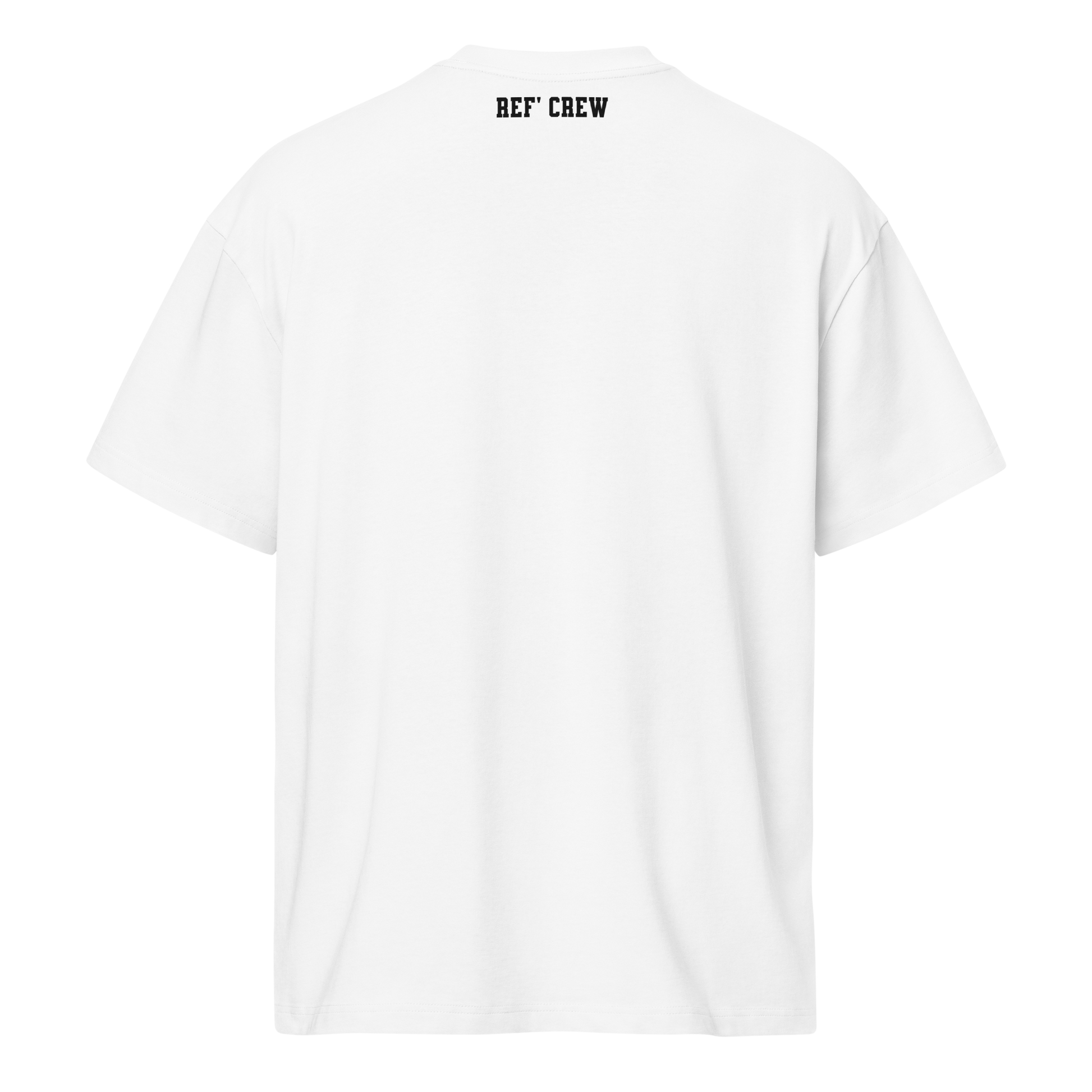 White premium heavyweight cotton "REF' CREW" basketball official's tee, boxy fit, streetwear style.