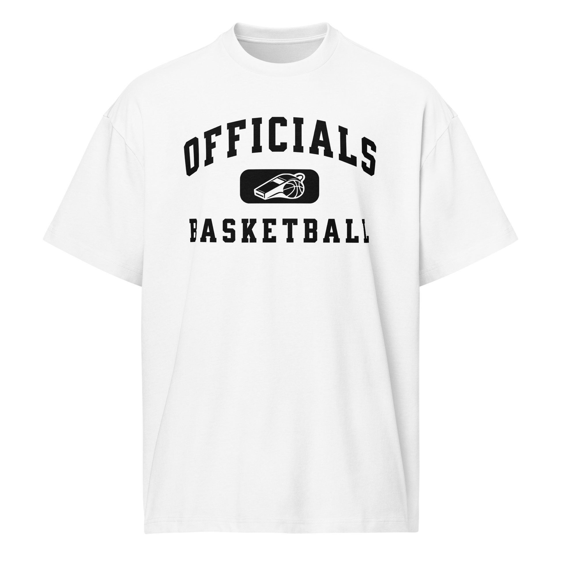 White premium heavyweight cotton "OFFICIALS BASKETBALL" tee with whistle graphic, boxy fit.