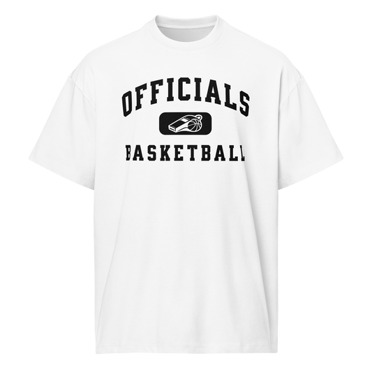 White premium heavyweight cotton "OFFICIALS BASKETBALL" tee with whistle graphic, boxy fit.