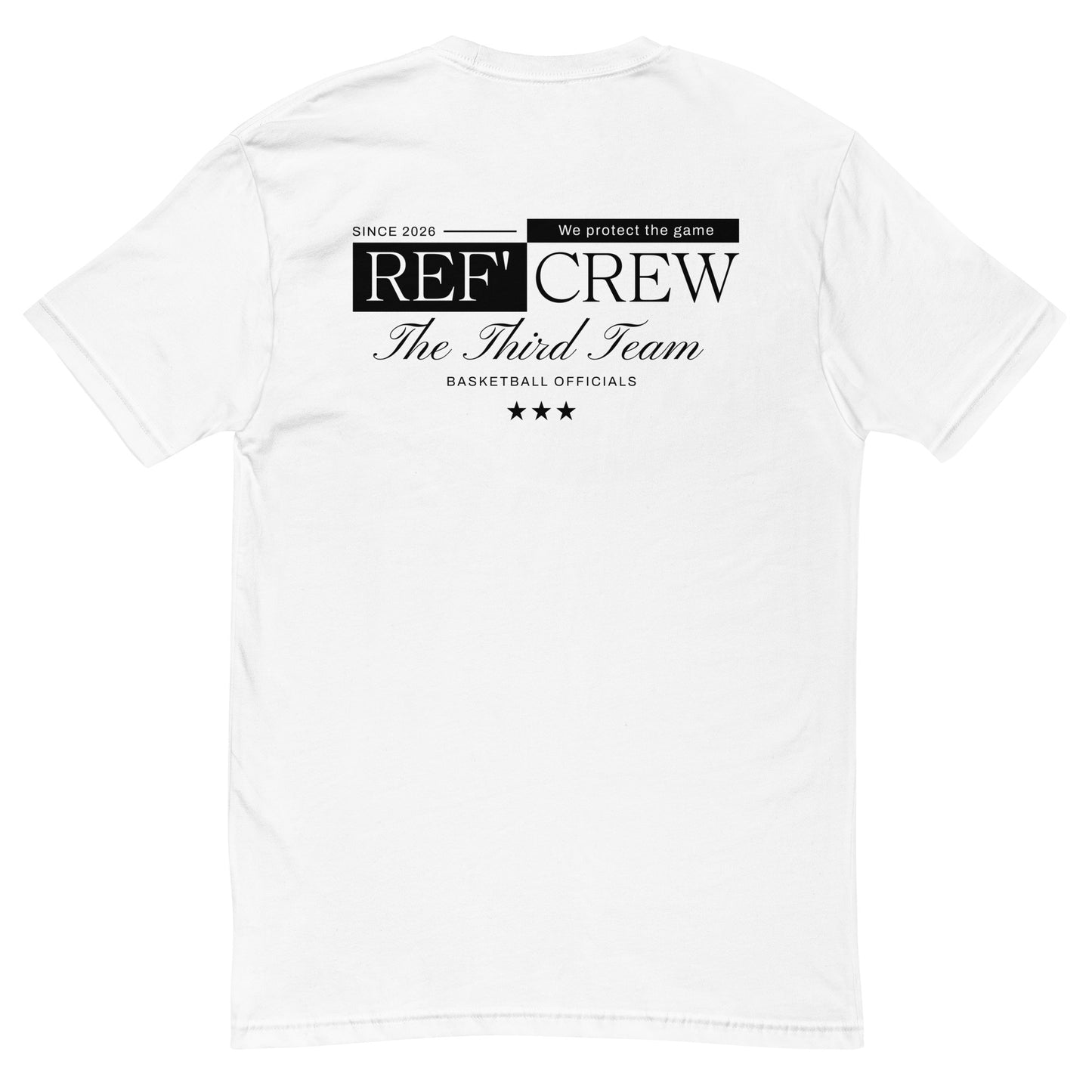 White Ref' Crew "The Third Team" t-shirt for basketball officials, featuring a bold back graphic.