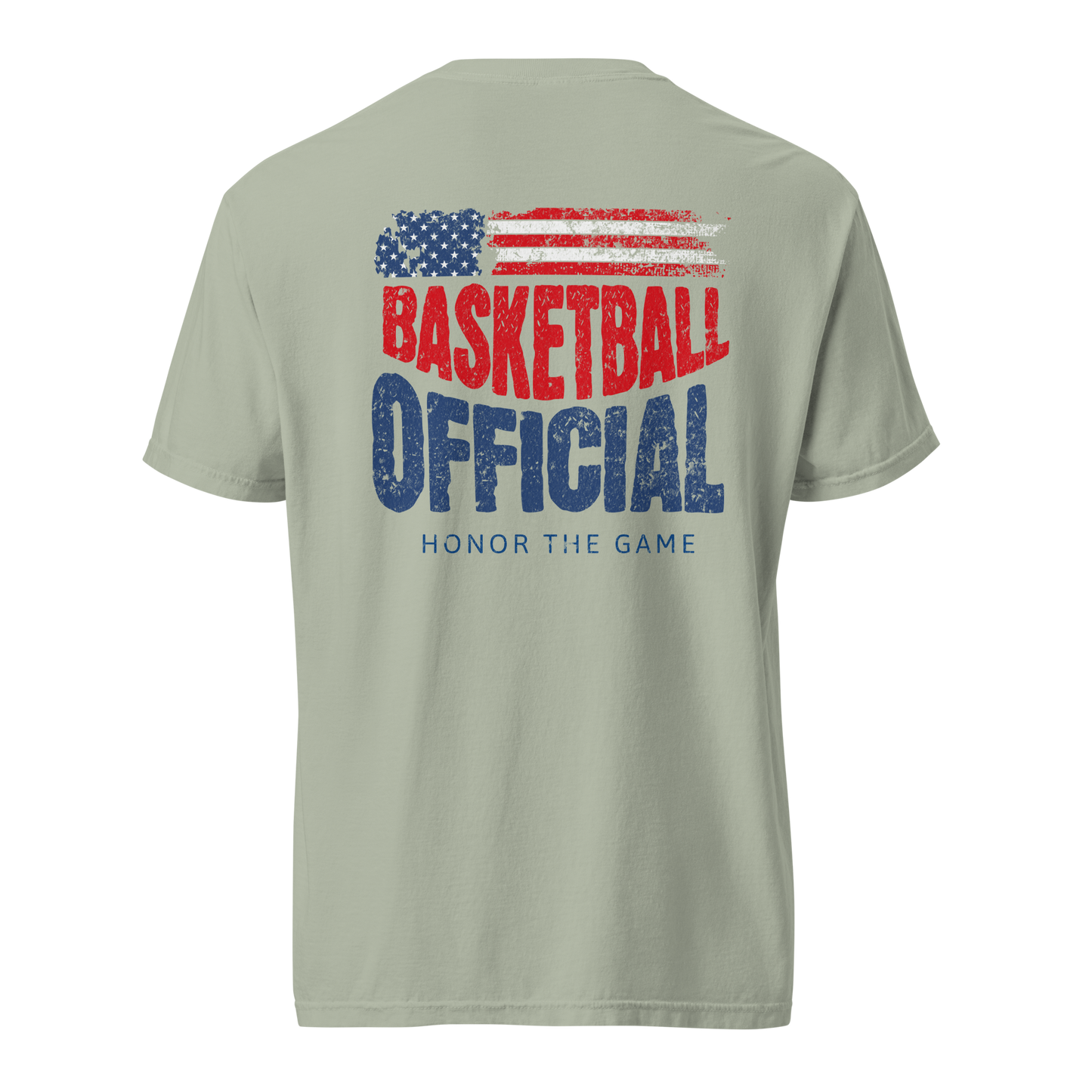 Sage green Honor The Game tee with distressed American flag, "BASKETBALL OFFICIAL" in red/blue, and "HONOR THE GAME" text.