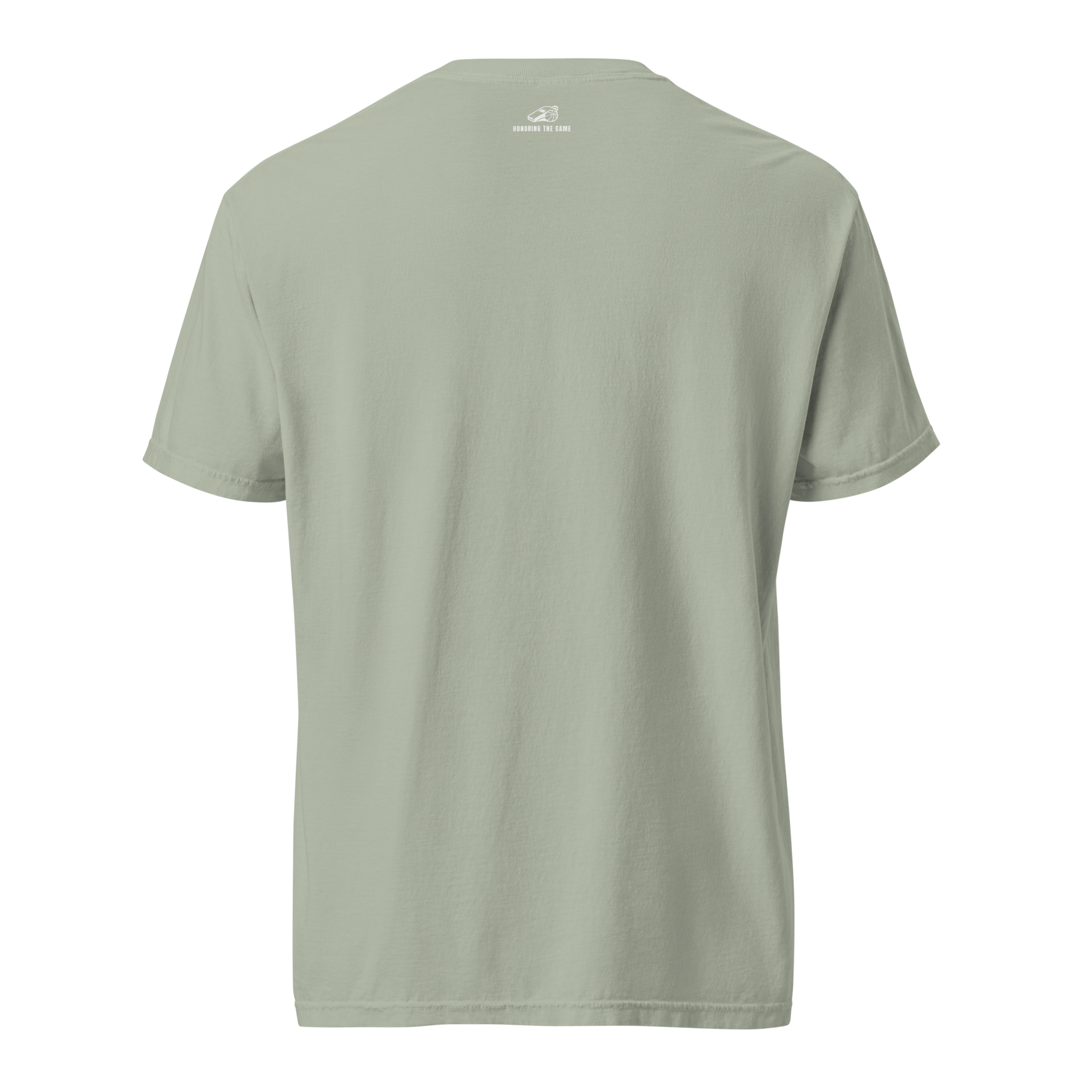 Sage green Comfort Colors heavyweight cotton tee with "Honoring The Game" whistle detail at back neck.