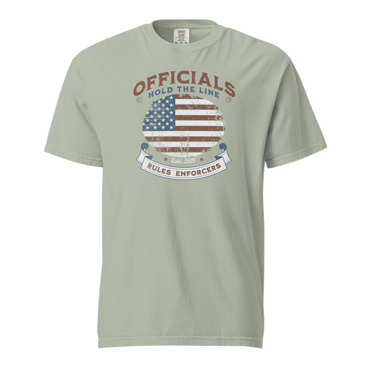Ref' Crew "Hold the Line" referee t-shirt for basketball officials, sage green, distressed American flag design.