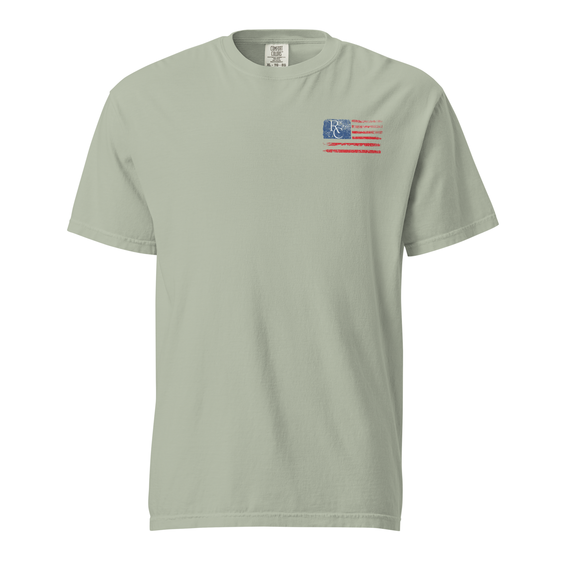 Sage green Comfort Colors tee with distressed American flag and "RC" logo, perfect for basketball officials.