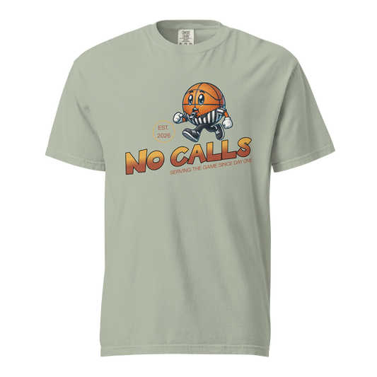 Sage green referee t-shirt with retro basketball official mascot and "No Calls" Ref' Crew design.