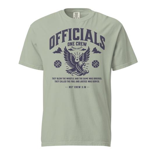 Bay green Ref' Crew 3:16 referee t-shirt for basketball officials, college arch "One Crew Under Rules" typography with eagle and vintage basketball icons — front view
