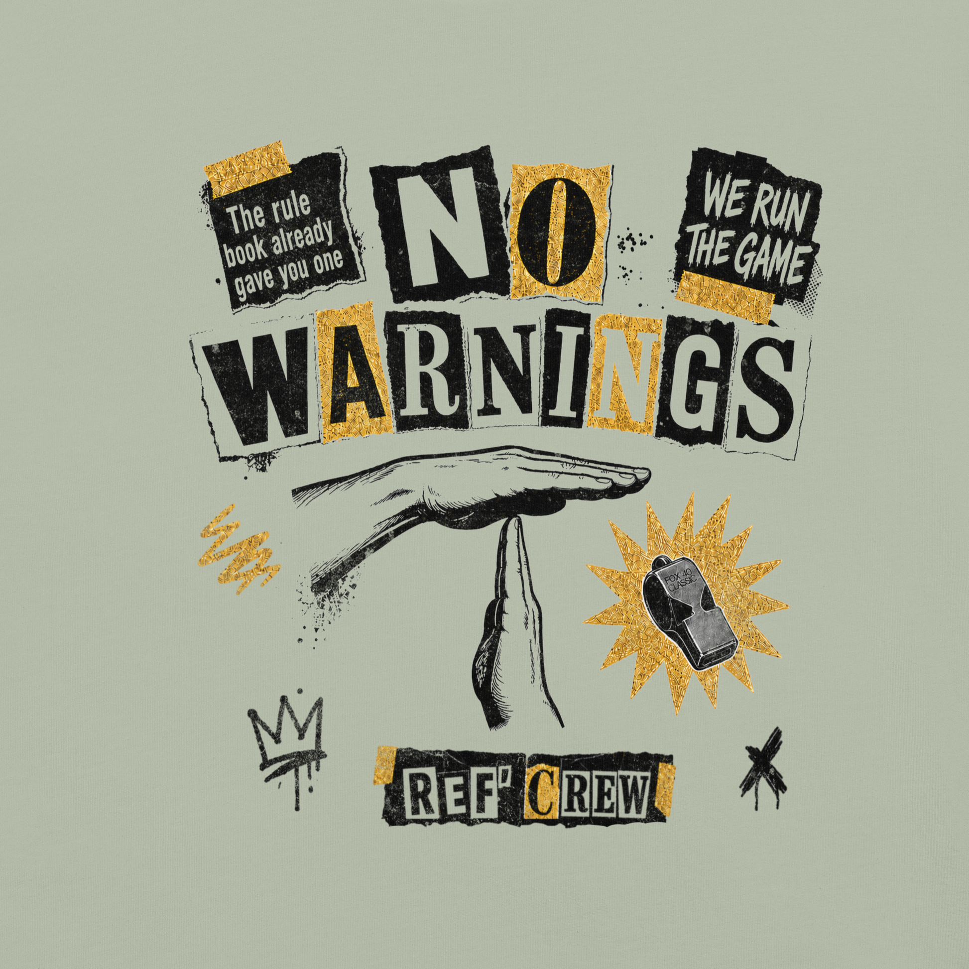 The No Warnings Tee in Bay — second front view of the ransom-note collage print.