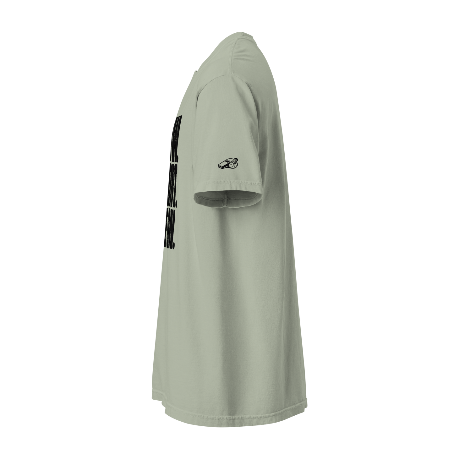 Ref' Crew Blow. Report. Move On. Tee in Bay sage green — side view showing the whistle mark on the sleeve