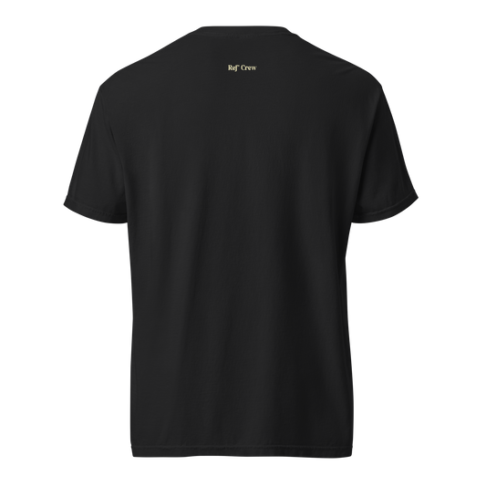 Black Ref' Crew referee t-shirt for basketball officials, featuring gold "Ref' Crew" branding at the back neck.