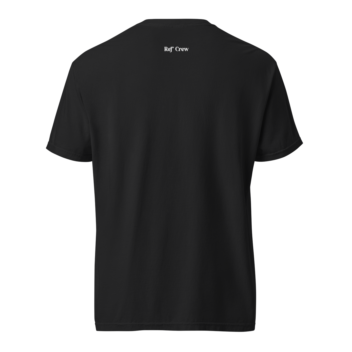 Back of a black Ref' Crew "The Call Stands" tee, showcasing the white "Ref' Crew" branding at the neck.
