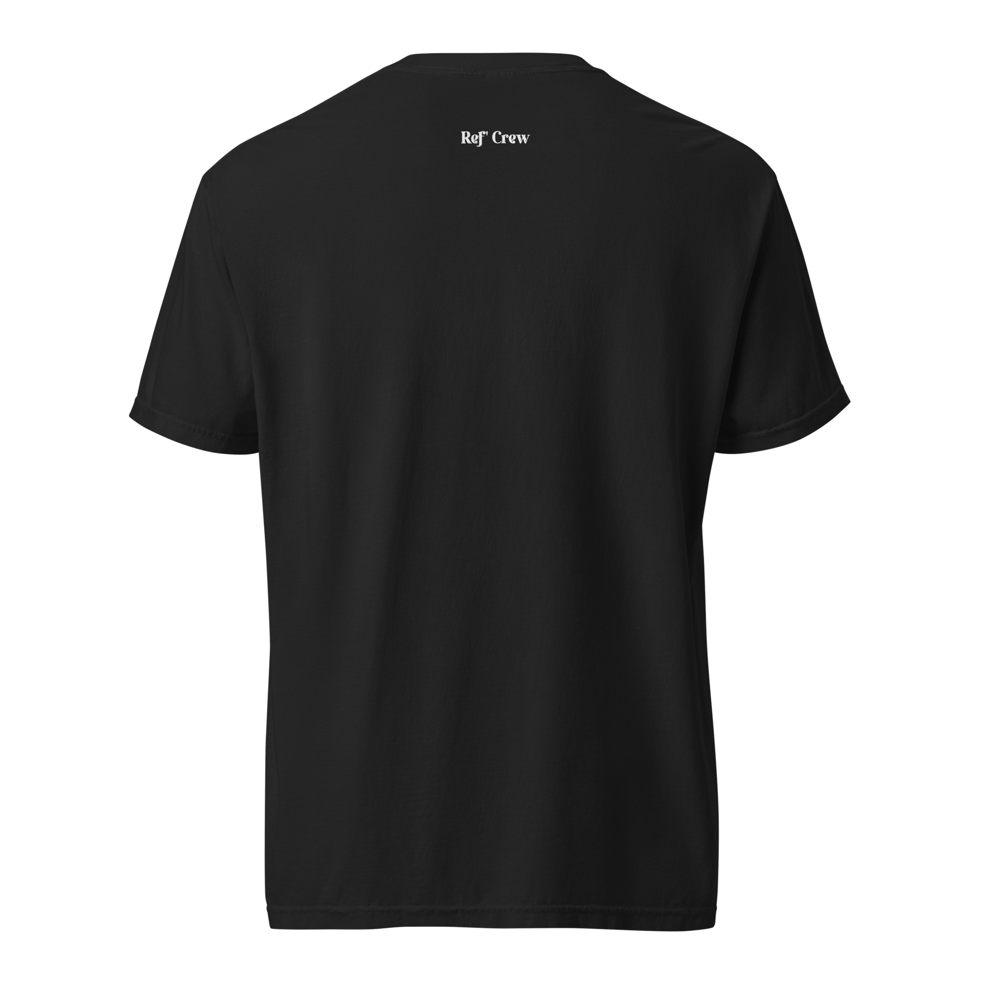 Back of a black Ref' Crew "The Call Stands" tee, showcasing the white "Ref' Crew" branding at the neck.