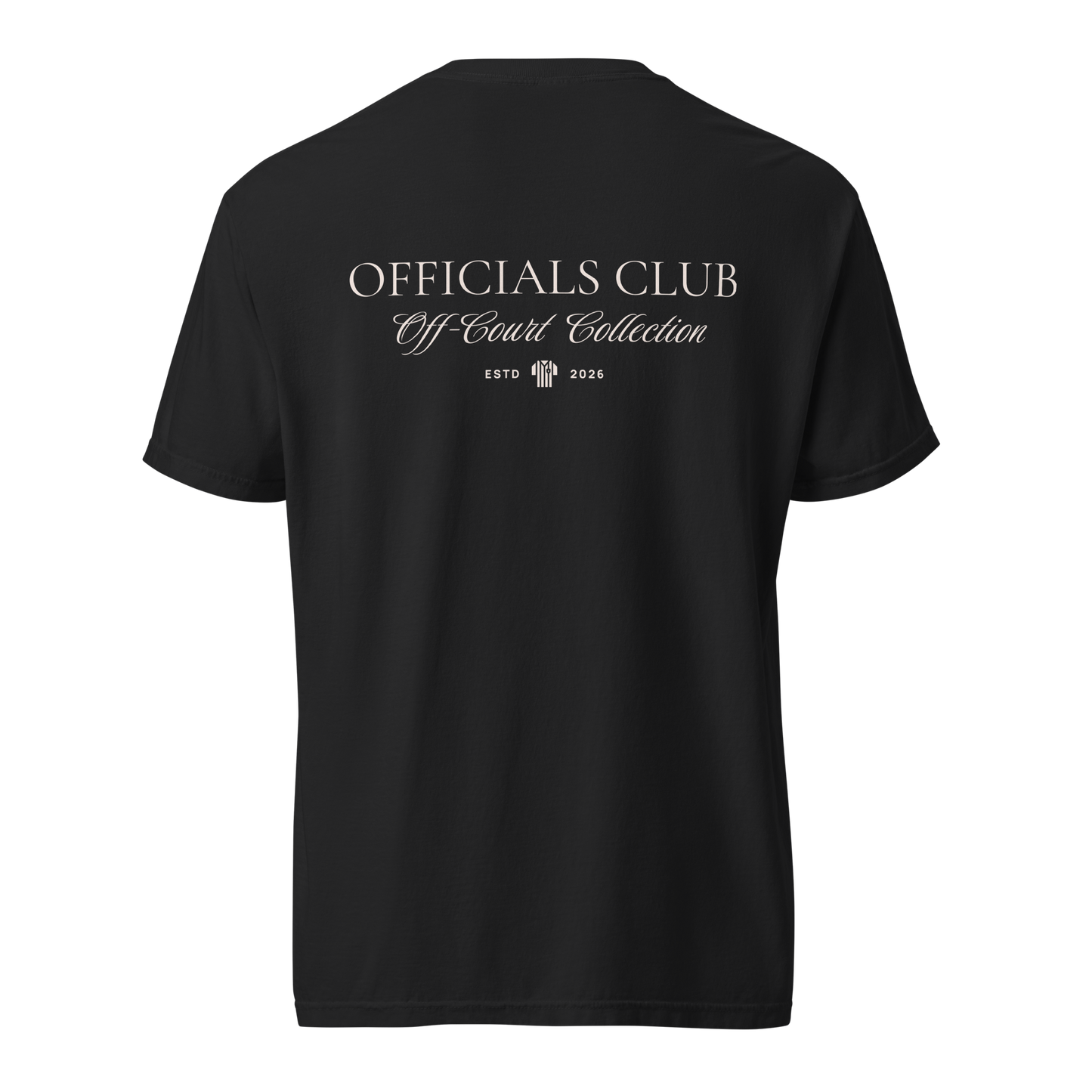 Black Officials Club Off-Court Collection tee, premium heavyweight cotton, with elegant back print for referees.