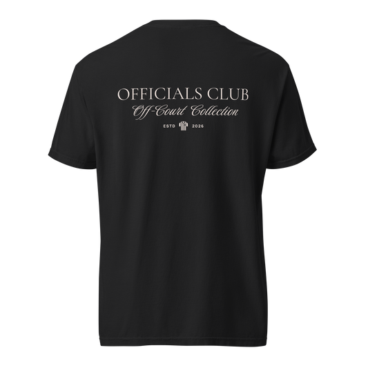 Black Officials Club Off-Court Collection tee, premium heavyweight cotton, with elegant back print for referees.