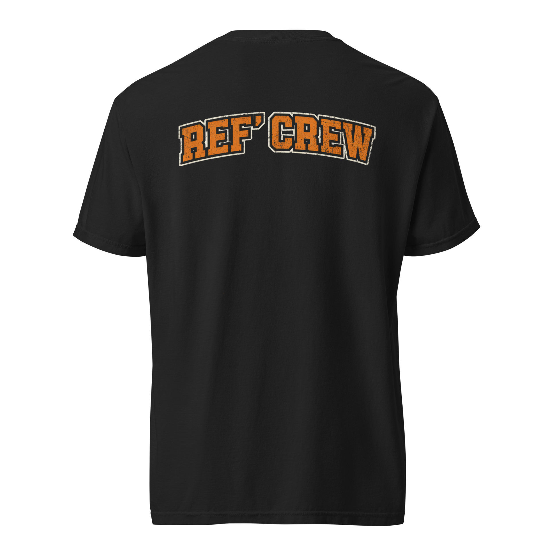 Black Ref' Crew heavyweight cotton tee with distressed orange varsity lettering on the back, ideal for basketball officials.